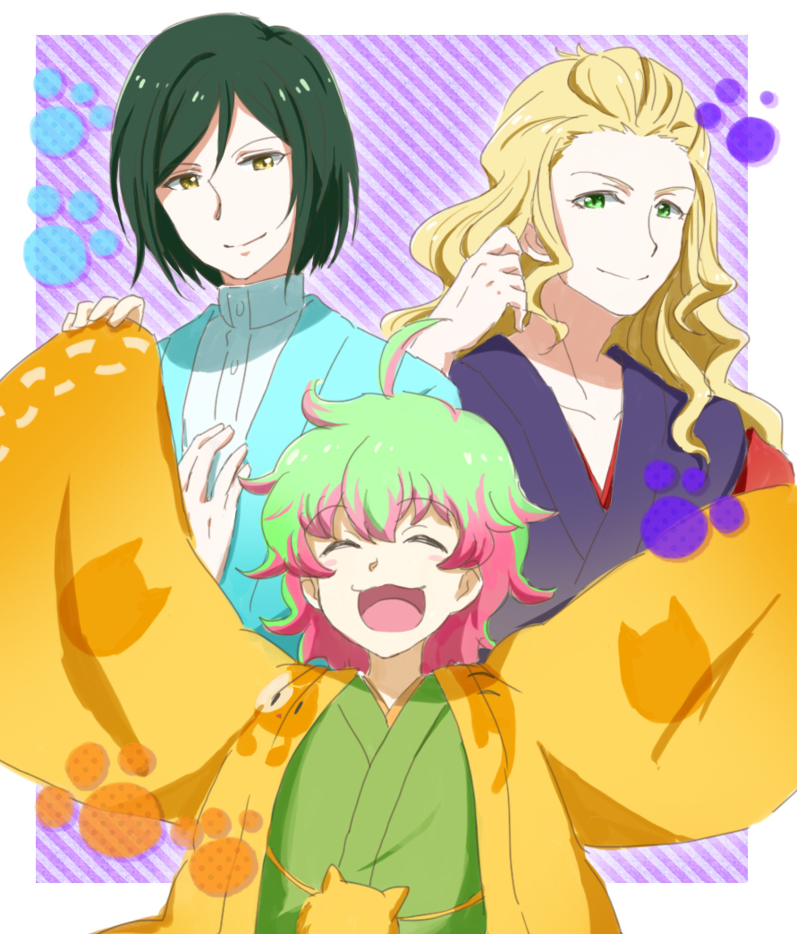 10s, 3boys, :3, :d, ^_^, adjusting_hair, ahoge, animal_print