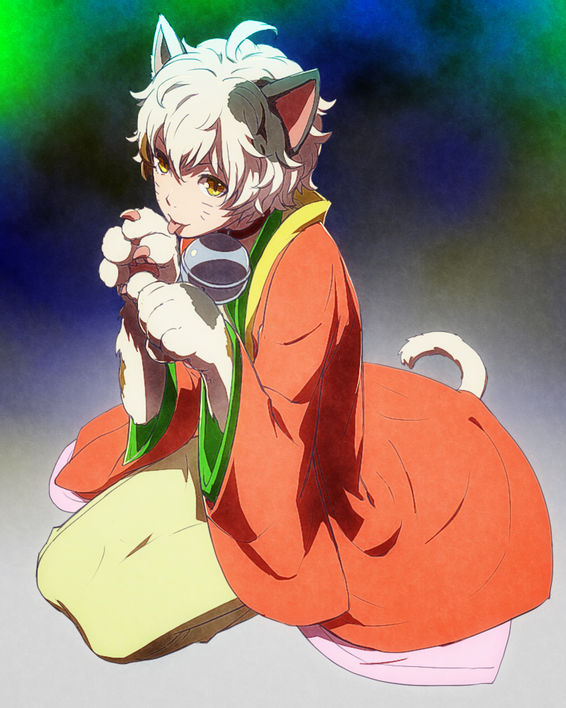 10s, 1boy, :p, ahoge, androgynous, animal_ears, animal_hands, bell, blonde_hair, cat_boy, cat_ears, cat_paws, cat_tail, collar, egawa_satsuki, full_body, green_hair, idolmaster, idolmaster_side-m, japanese_clothes, male_focus, multicolored_hair, neck_bell, nekoyanagi_kirio, official_alternate_costume, short_hair, solo, tail, tongue, tongue_out, whiskers