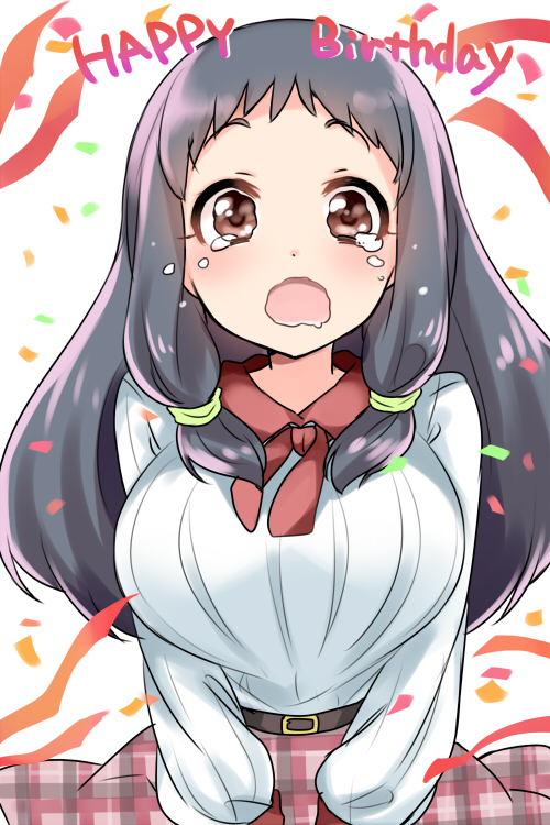 10s, 1girl, :o, ascot, belt, blush, brown_eyes, confetti