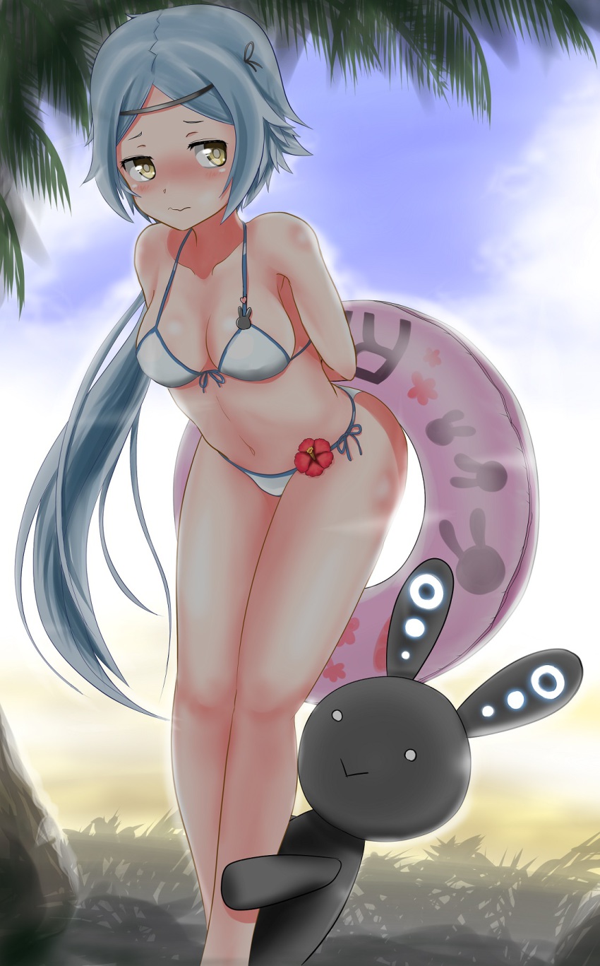 1girl, bikini, blue_hair, highres, innertube, ju_(old505), rabbit, ranatus