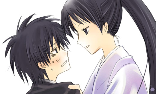 00s, 1boy, 1girl, black_eyes, black_hair, clenched_teeth, kekkaishi, parted_lips