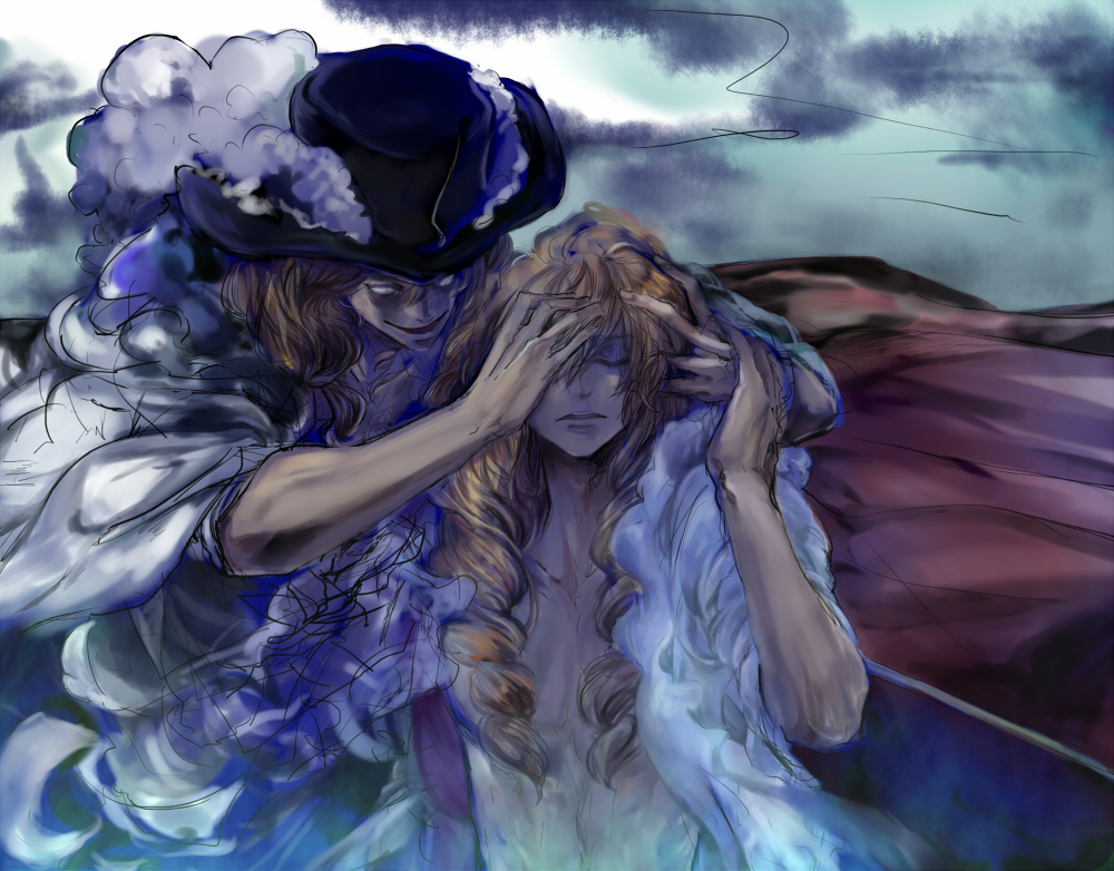 1boy, cavendish_(one_piece), dark_persona, dressrosa, dual_persona, grin, hand_over_eyes, hat