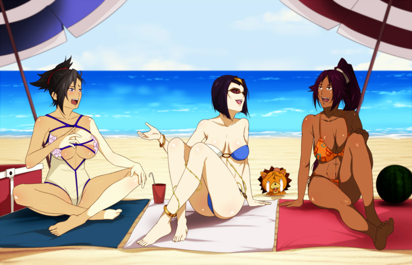 00s, 1990s_(style), 3girls, :d, abs, bakuretsu_tenshi, barefoot, beach, bikini, black_hair, bleach, blue_eyes, breasts, brown-tinted_eyewear, cleavage, cowboy_bebop, crossover, dark-skinned_female, dark_skin, faye_valentine, feet, indian_style, kon_(bleach), large_breasts, legs, multiple_girls, open_mouth, outdoors, ponytail, purple_hair, retro_artstyle, sand, sbel02, sei_(bakuretsu_tenshi), shihouin_yoruichi, sitting, smile, sunglasses, swimsuit, tinted_eyewear, toes, water, yellow_eyes