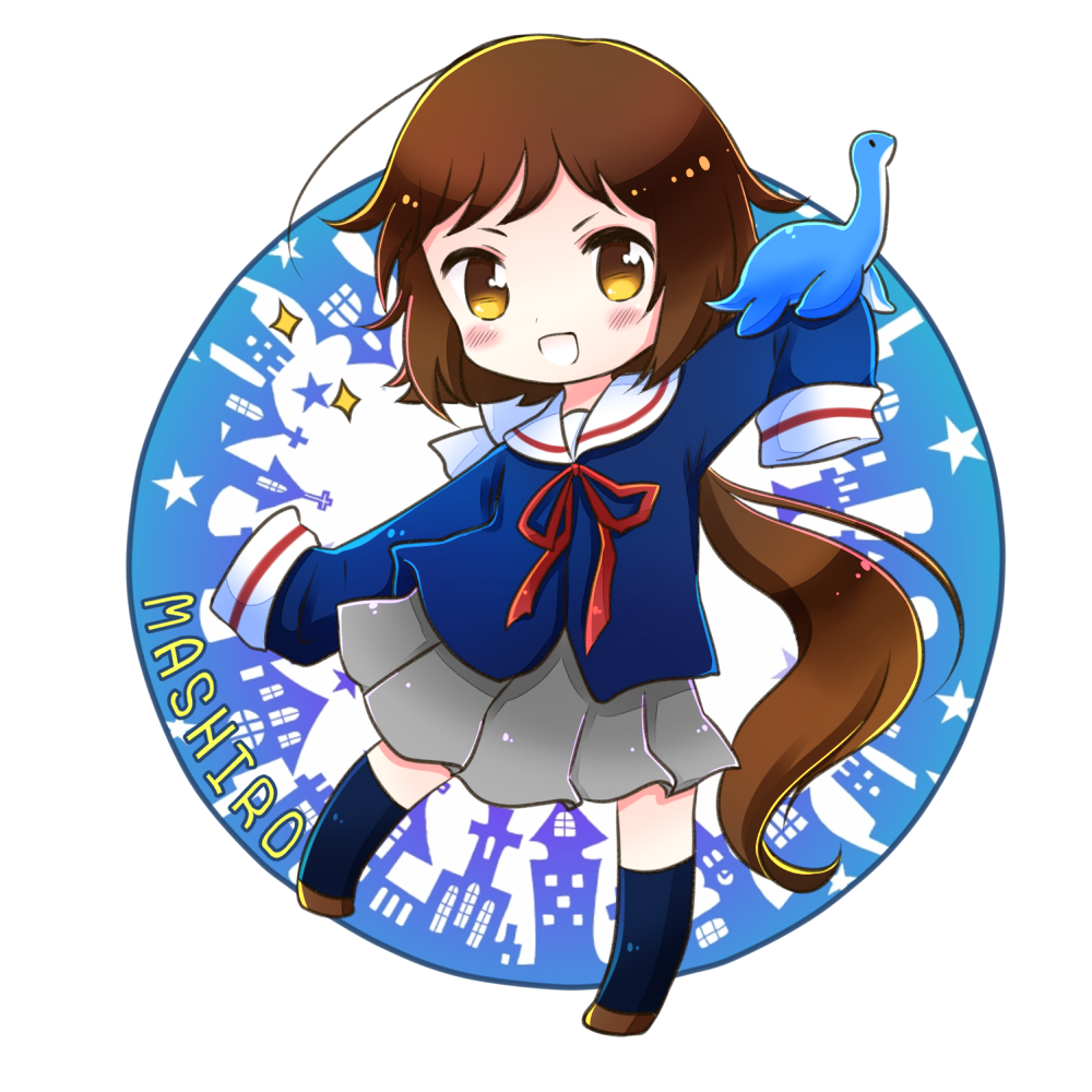 1girl, :d, ahoge, brown_eyes, brown_hair, character_name, chibi, female_focus, hair_ribbon, kaoru_(iris), long_hair, long_sleeves, looking_at_viewer, low_ponytail, mikakunin_de_shinkoukei, mitsumine_mashiro, open_mouth, pleated_skirt, ponytail, ribbon, school_uniform, serafuku, skirt, sleeves_past_wrists, smile, solo, sparkle