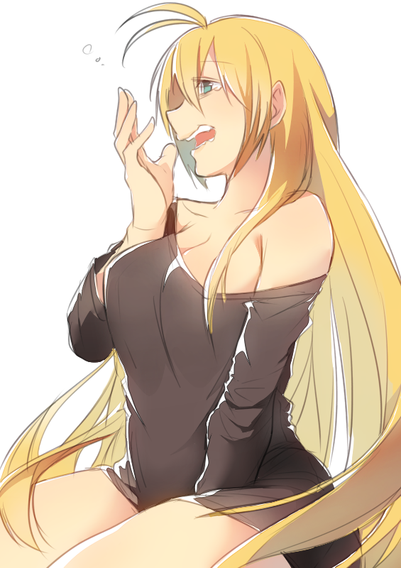 1girl, antenna_hair, aqua_eyes, bad_id, bad_nicoseiga_id, bare_shoulders, between_legs, blonde_hair, breasts, cleavage, female_focus, from_side, hand_between_legs, hand_to_own_mouth, large_breasts, long_hair, off_shoulder, sleepy, solo, tears, tsurumaki_maki, very_long_hair, vivi-t_(akagami), vocaloid, voiceroid, wavy_mouth, white_background, yawning