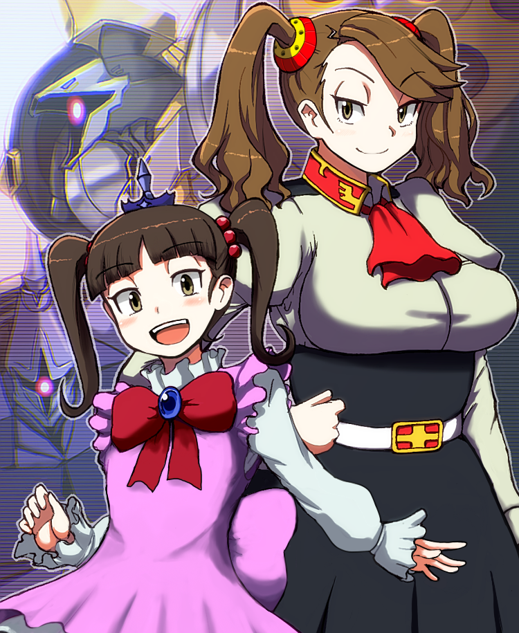 10s, 2girls, bad_id, bad_pixiv_id, breasts, brown_eyes, brown_hair, child