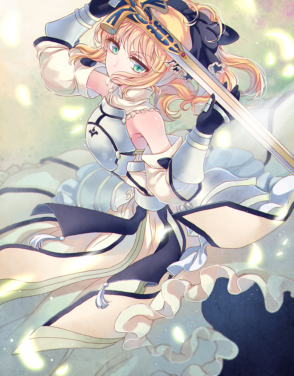 1girl, ahoge, armor, armored_dress, artoria_pendragon_(fate), bare_shoulders, blonde_hair, bow