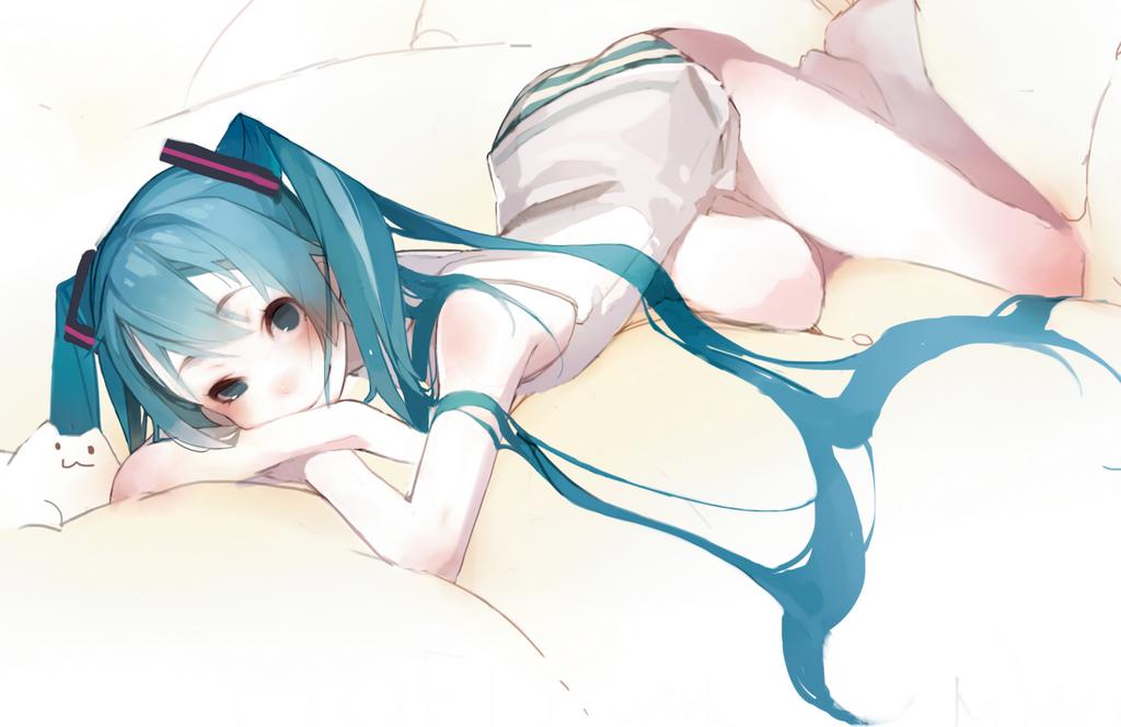 1girl, aqua_eyes, aqua_hair, female_focus, hatsune_miku, long_hair, looking_at_viewer, lying