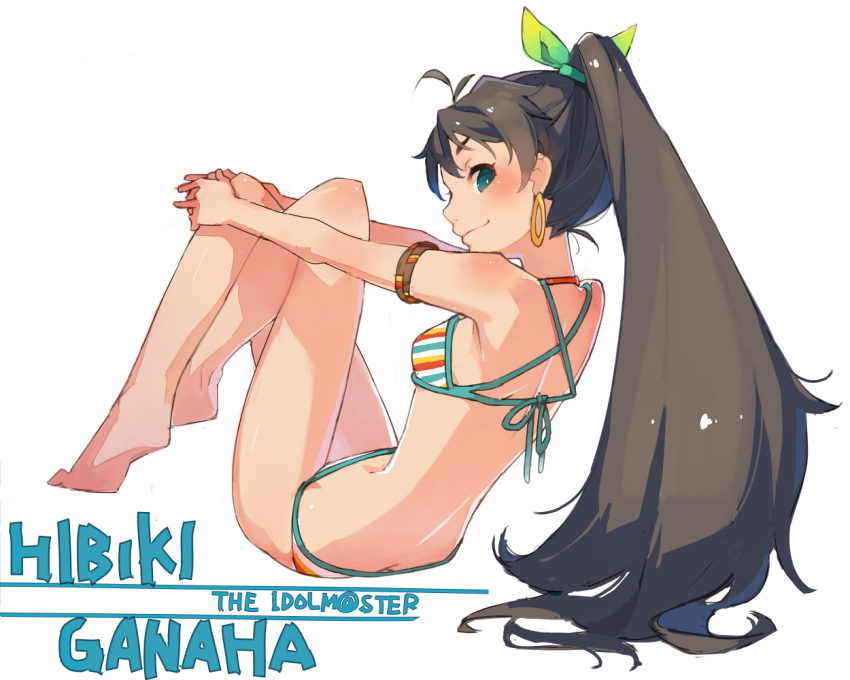 1girl, antenna_hair, aqua_eyes, armlet, bare_legs, bare_shoulders, barefoot, bikini, blush, character_name, copyright_name, earrings, female_focus, from_behind, ganaha_hibiki, hoop_earrings, idolmaster, idolmaster_(classic), jewelry, knees_up, long_hair, looking_back, mmlu_(honwa_karesu), ponytail, sitting, solo, striped_bikini, striped_clothes, swimsuit, very_long_hair