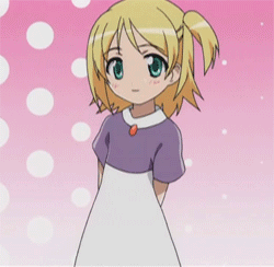 00s, 1girl, animated, animated_gif, arms_behind_back, blonde_hair, cropped_legs, doujin_work, dress, female_focus, green_eyes, kitano_sora, looking_at_viewer, lowres, screencap, short_hair, side_ponytail, solo