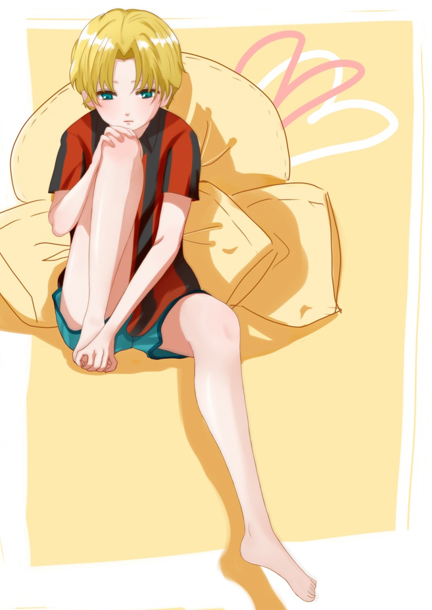 10s, 1boy, aoto_gonzales_takuma, aqua_eyes, barefoot, blonde_hair, blush, child