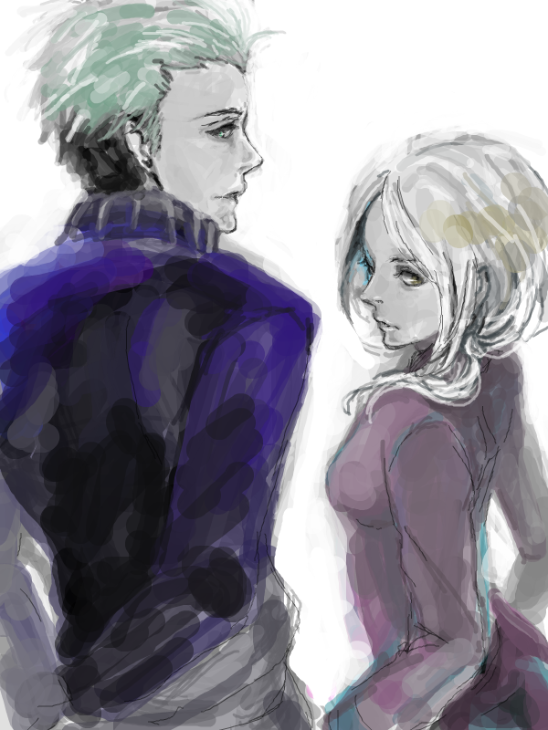 1boy, 1girl, akagami_no_shirayukihime, back, blonde_hair, blue_eyes, brown_eyes, grey_hair