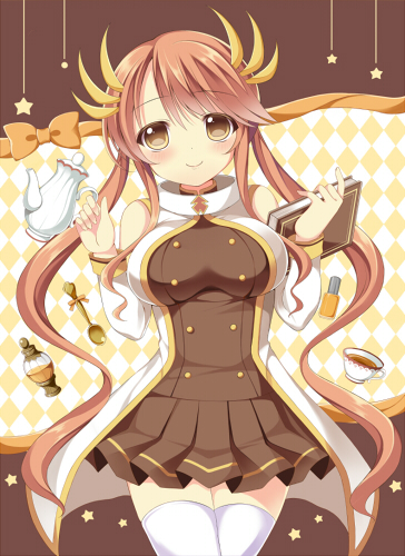 1girl, book, breasts, brown_eyes, brown_hair, duel_monster, female_focus, gagaga_clerk, hair_ornament, holding, large_breasts, long_hair, looking_at_viewer, lowres, riria_(happy_strawberry), smile, solo, teapot, thighhighs, twintails, very_long_hair, yu-gi-oh!, zettai_ryouiki