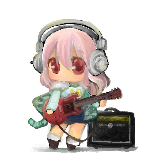 1girl, blush, chibi, electric_guitar, female_focus, guitar, headphones, instrument, long_hair, looking_at_viewer, nitroplus, pink_hair, pom_pom_(clothes), red_eyes, solo, super_sonico, yaya_(yayaya), yaya_azu