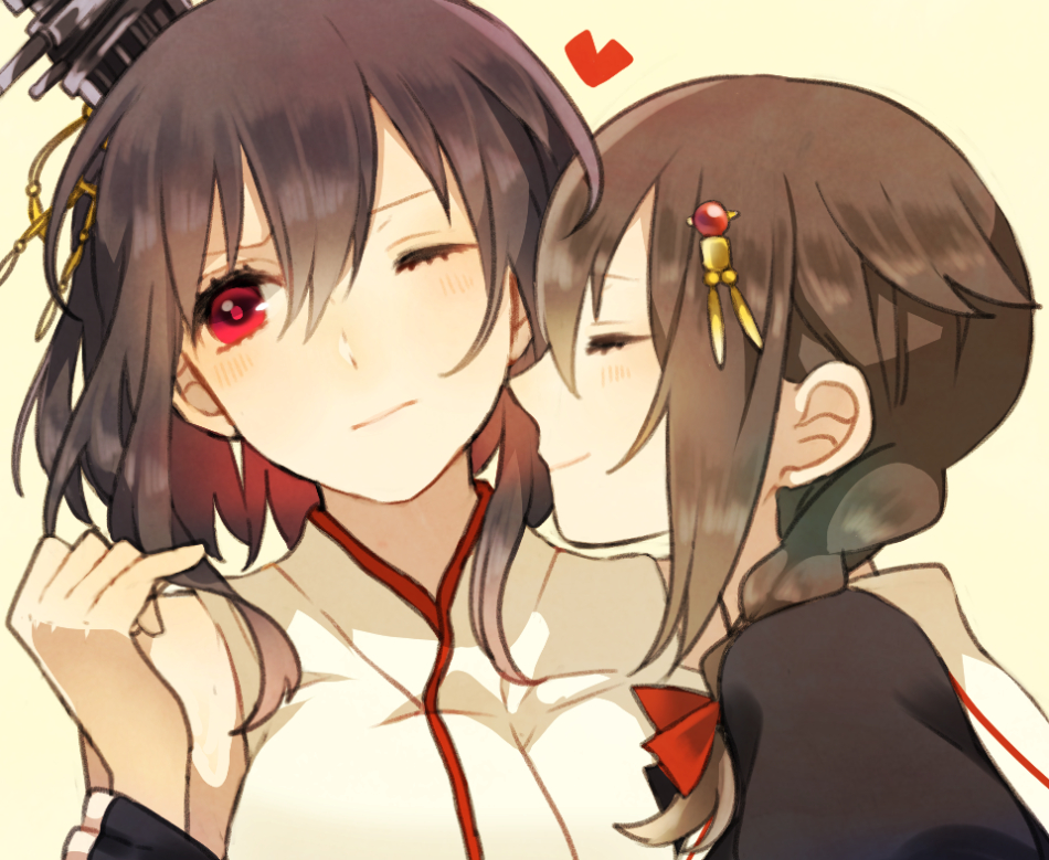 10s, 2girls, bare_shoulders, bisco9skm, black_hair, black_serafuku, blush, braid