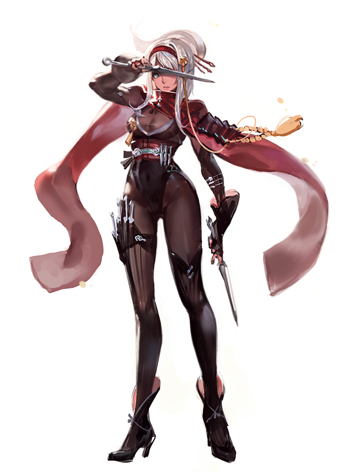00s, 1girl, black_pantyhose, blue_eyes, breasts, capelet, dual_wielding, dungeon_and_fighter