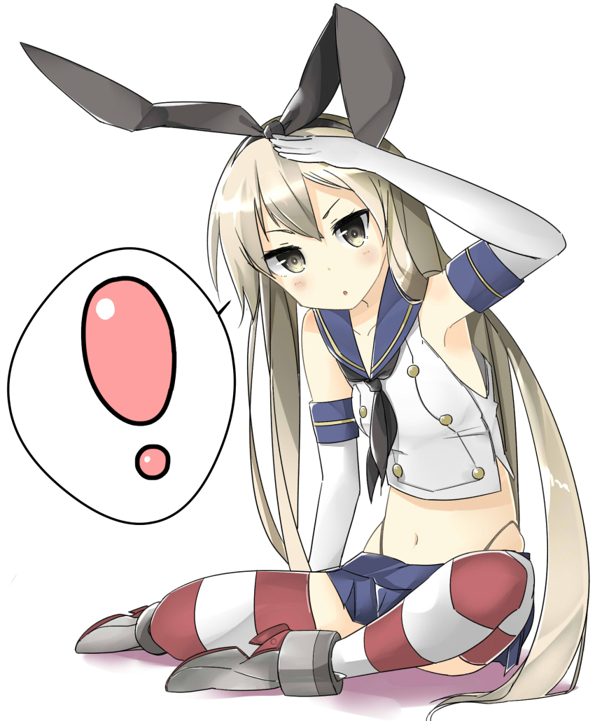 !, >:o, 10s, 1girl, :o, bare_shoulders, blonde_hair, blue_skirt, blush, boots, brown_eyes, elbow_gloves, female_focus, full_body, gloves, grey_boots, high_heel_boots, high_heels, highres, kantai_collection, long_hair, looking_at_viewer, midriff, miniskirt, monmon_(naototaka), neckerchief, pleated_skirt, sailor_collar, salute, shimakaze_(kancolle), simple_background, sitting, skirt, solo, spoken_exclamation_mark, striped_clothes, striped_thighhighs, thighhighs, v-shaped_eyebrows, white_background, white_gloves