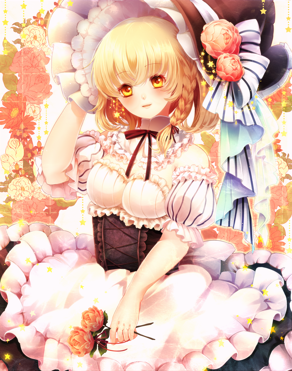 1girl, bad_id, bad_pixiv_id, blonde_hair, braid, female_focus, flower, frills
