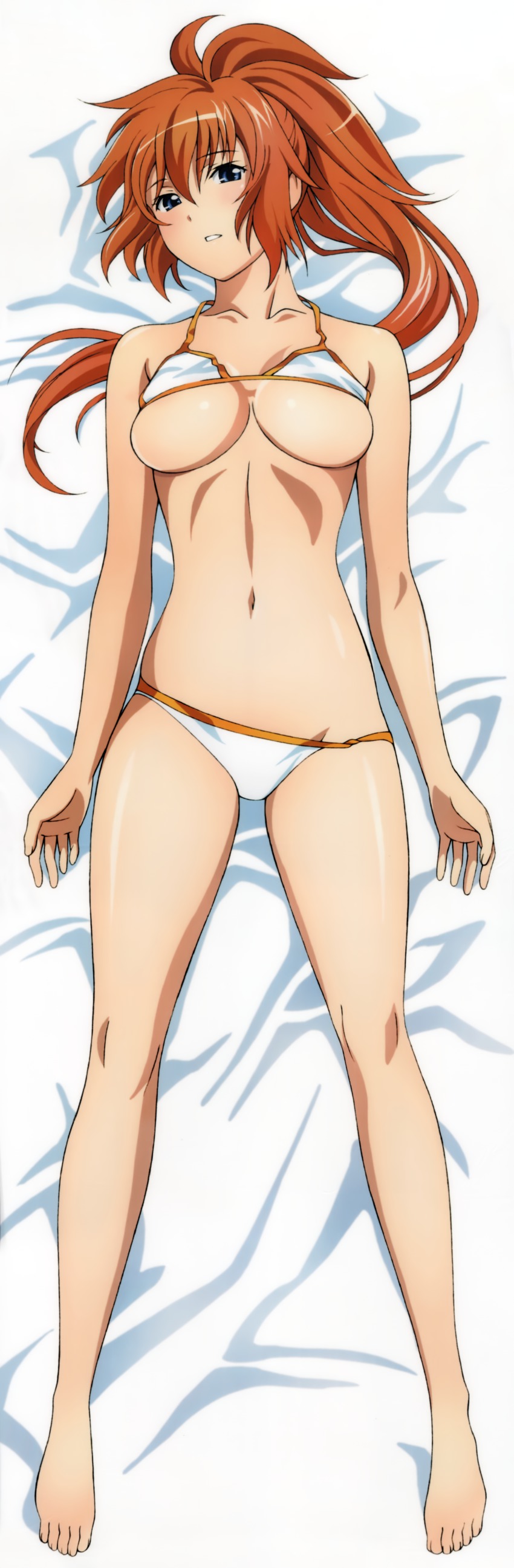 10s, 1girl, absurdres, barefoot, bikini, bikini_top_lift, blue_eyes, blush, breasts, brown_hair, cleavage, clothes_lift, dakimakura_(medium), feet, female_focus, full_body, highres, huge_filesize, large_breasts, legs, miyazawa_erena, navel, parted_lips, ponytail, seductive_smile, sekai_de_ichiban_tsuyoku_naritai!, shiny_skin, smile, solo, swimsuit, teeth, thighs, underboob, white_bikini