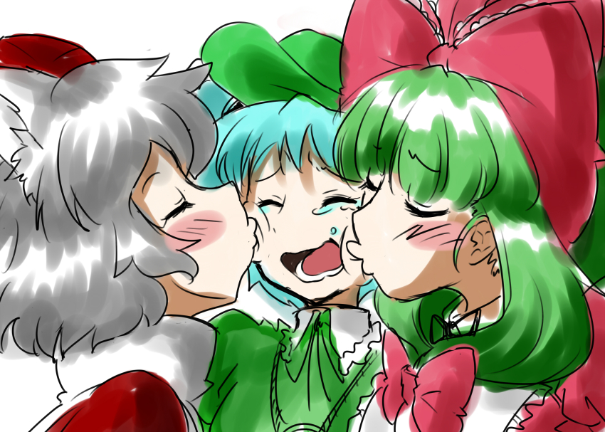 3girls, animal_ears, blue_hair, blush, blush_stickers, dress, closed_eyes, female_focus