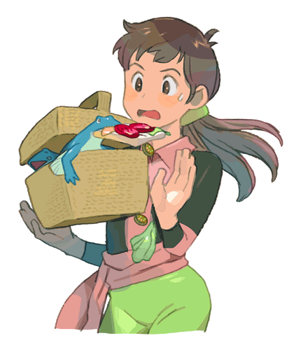 1girl, animal, brown_eyes, brown_hair, densetsu_kyojin_ideon, female_focus, food, frog