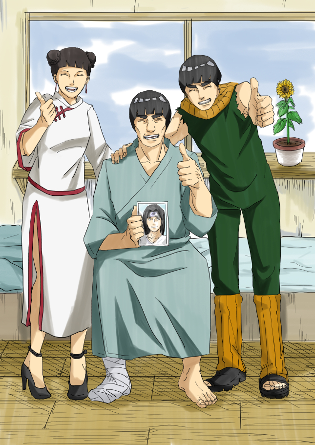 1girl, 3boys, ami_(greeneyes37), bandaged_leg, bandages, bed, black_footwear, black_hair, bodysuit, bowl_cut, cast, china_dress, chinese_clothes, closed_eyes, cloud, day, double_bun, dress, earrings, flower, forehead_protector, full_body, hair_bun, hand_on_shoulder, high_heels, hospital_gown, hyuuga_neji, jewelry, long_hair, md5_mismatch, might_guy, multiple_boys, naruto_(classic), naruto_(series), naruto_shippuuden, open_mouth, photo_(object), resolution_mismatch, rock_lee, sandals, shoes, short_hair, smile, source_smaller, spoilers, sunflower, tenten_(naruto), thumbs_up, torn_clothes, torn_sleeves, white_eyes, window