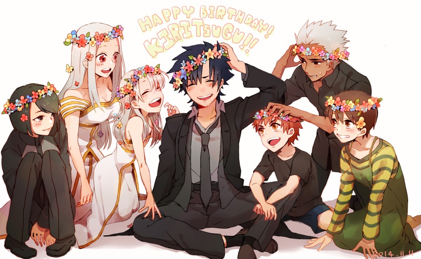 3boys, 4girls, adoptive_parent_and_adoptive_child, archer_(casual_wear)_(fate), archer_(fate), emiya_family_(fate), emiya_kiritsugu, emiya_shirou