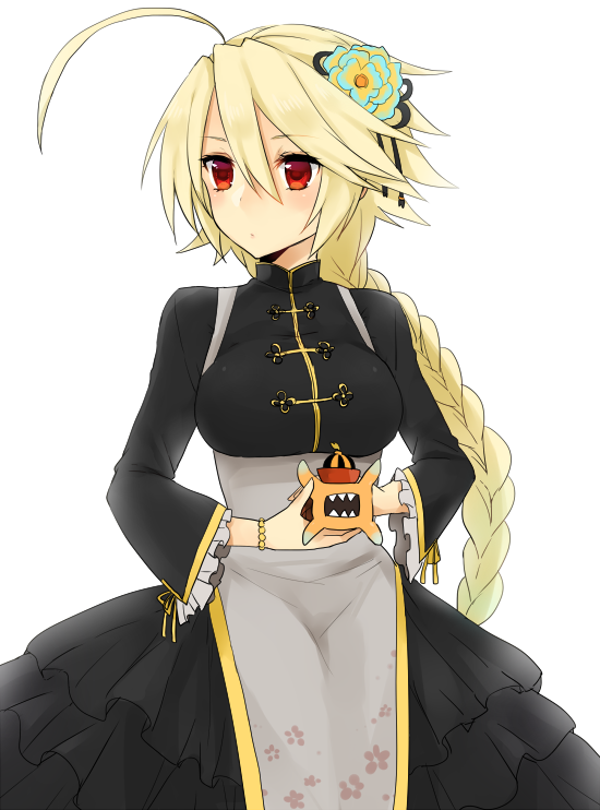 1girl, ahoge, alternate_costume, black_dress, blazblue, blonde_hair, braid, breasts