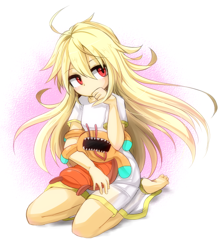 1girl, ahoge, barefoot, blazblue, blonde_hair, character_doll, doll, dress