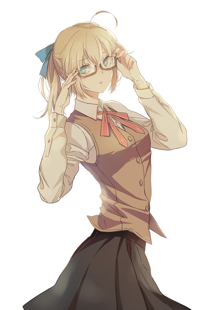 1girl, adjusting_eyewear, ahoge, artoria_pendragon_(fate), bespectacled, blonde_hair, eyokiki, fate/stay_night