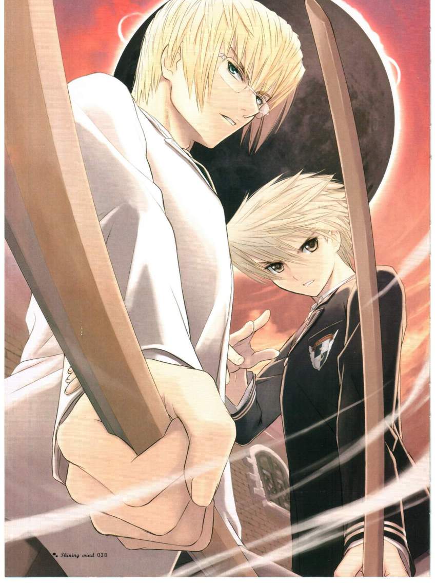 2boys, blonde_hair, bokken, eclipse, eclipse_(shining_wind), green_eyes, highres, kaito_kiriya