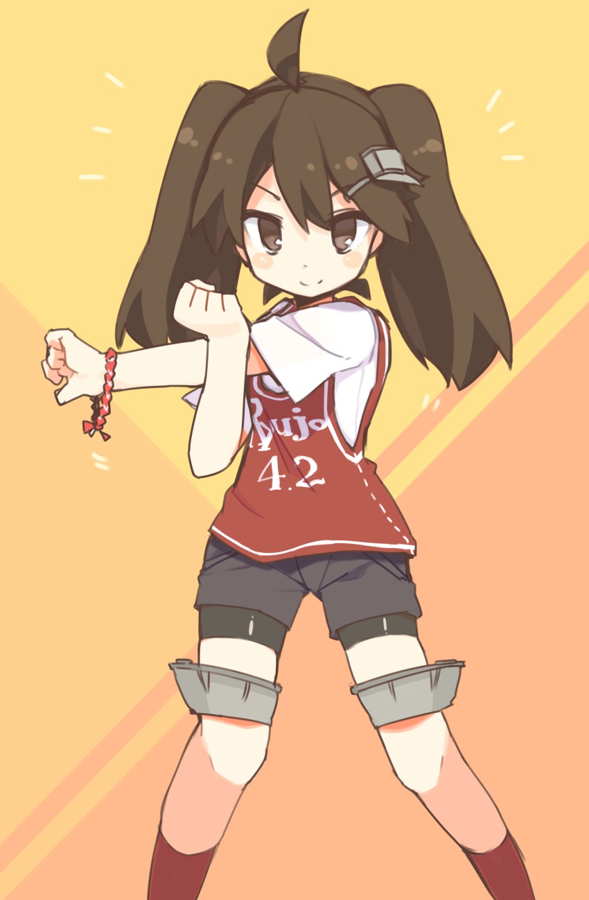 10s, 1girl, absurdres, ahoge, alternate_costume, bike_shorts, bike_shorts_under_shorts, brown_hair