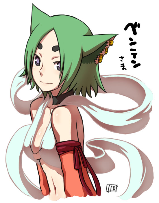00s, 1girl, animal_ears, armband, benten-sama, blue_eyes, breasts, cat_ears, choker, crop_top, detached_sleeves, earrings, facial_mark, female_focus, forehead_mark, green_hair, itou_yuuji, jewelry, kamichu!, looking_back, midriff, navel, no_bra, parted_bangs, profile, ribbon, short_hair, signature, simple_background, smile, solo, upper_body