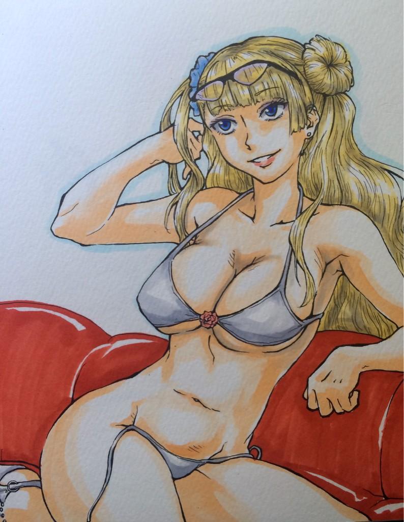 10s, 1girl, asymmetrical_hair, bikini, blonde_hair, blue_eyes, breasts, chou_haijin_chiyo, cleavage, eyewear_on_head, female_focus, galko, glasses, hair_flip, kneeling, large_breasts, lips, long_hair, marker_(medium), oshiete!_galko-chan, over-rim_eyewear, semi-rimless_eyewear, side-tie_bikini_bottom, smile, solo, strap_gap, swimsuit, traditional_media, underboob, untied_bikini