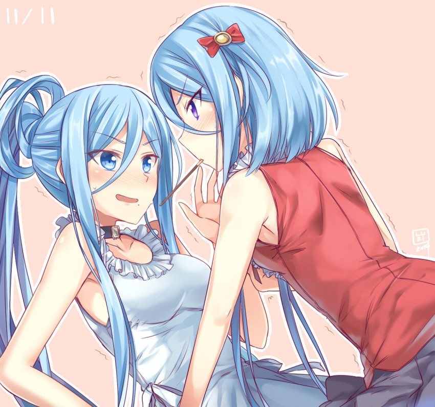 10s, 2014, 2girls, aoki_hagane_no_arpeggio, artist_name, atago_(aoki_hagane_no_arpeggio), bare_shoulders, blue_eyes