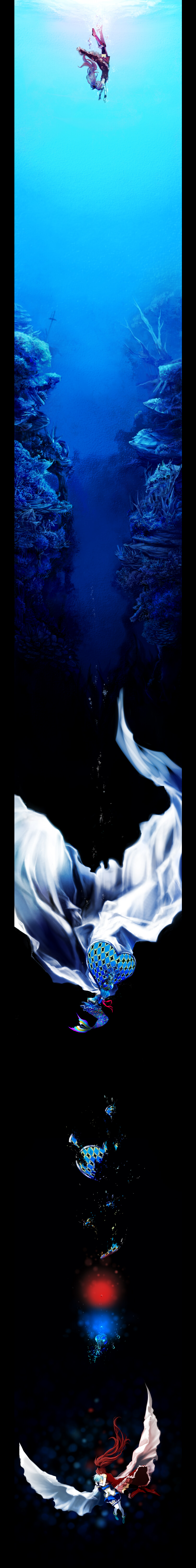 10s, 2girls, absurdres, bare_shoulders, black_legwear, blue_eyes, blue_hair, cape, cyanblue, detached_sleeves, fake_wings, gloves, hair_ornament, hairclip, highres, hug, long_hair, long_image, magical_girl, mahou_shoujo_madoka_magica, mahou_shoujo_madoka_magica_(anime), mermaid, miki_sayaka, miki_sayaka_(magical_girl), monster_girl, multiple_girls, oktavia_von_seckendorff, ponytail, red_eyes, red_hair, sakura_kyoko, sakura_kyoko_(magical_girl), short_hair, soul_gem, spoilers, tall_image, thighhighs, underwater, white_gloves, white_legwear, wings, witch_(madoka_magica)