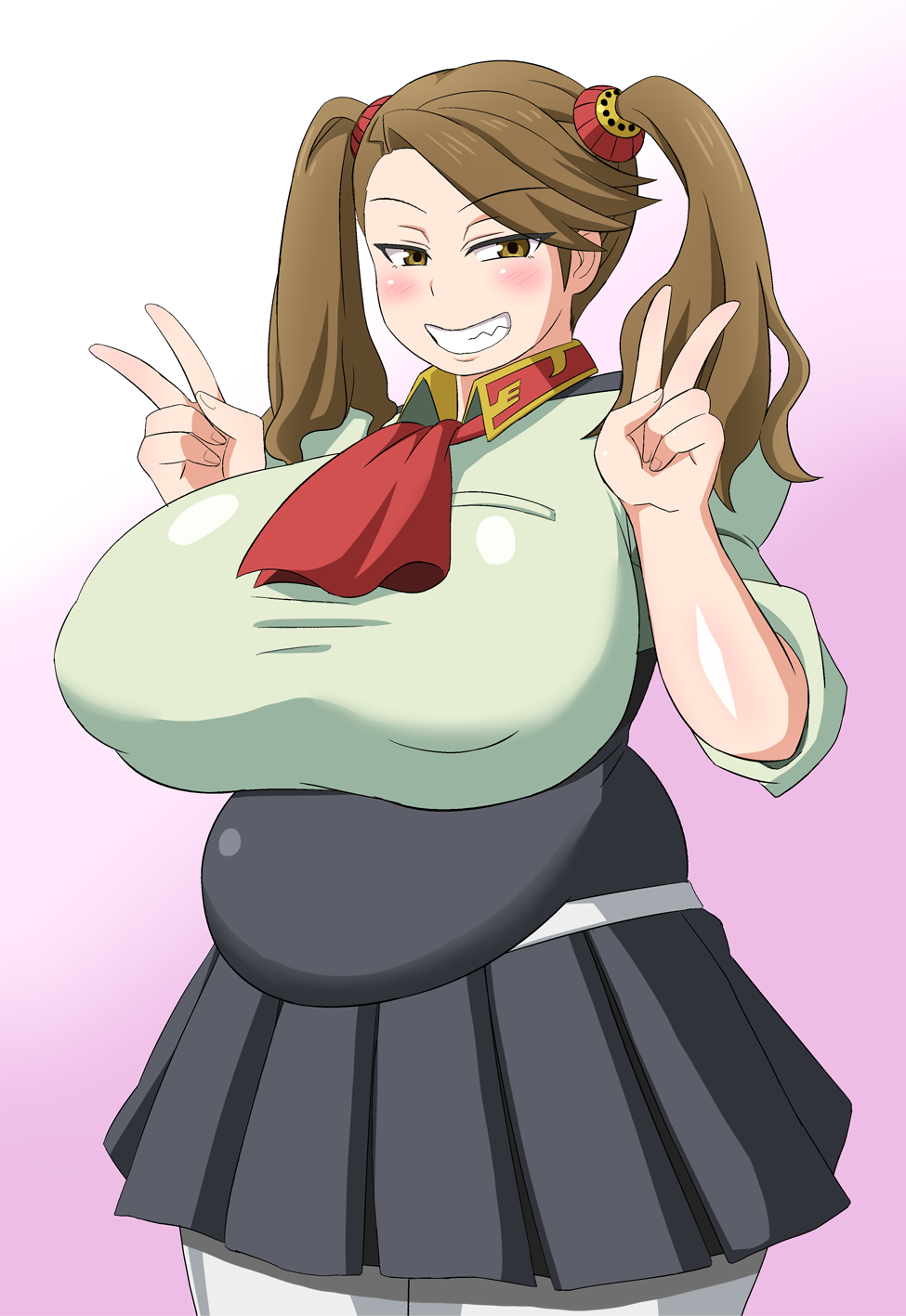 10s, 1girl, blush, breasts, brown_eyes, brown_hair, double_v, fat, fat_woman, female_focus, gigantic_breasts, gundam, gundam_build_fighters, gundam_build_fighters_try, hair_ornament, highres, long_hair, long_twintails, nega96396, pantyhose, sazaki_kaoruko, school_uniform, shirt, skirt, smile, smirk, solo, standing, twintails, v