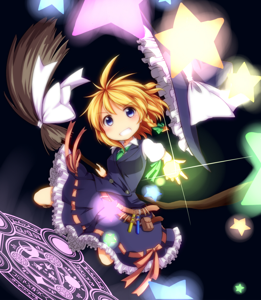 >:d, 1girl, :d, belt, blonde_hair, blue_eyes, blush, braid