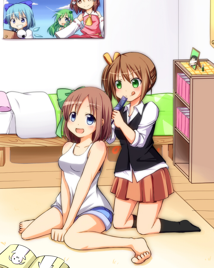 2girls, :d, artist_self-insert, ascot, bare_shoulders, barefoot, bed, bedroom