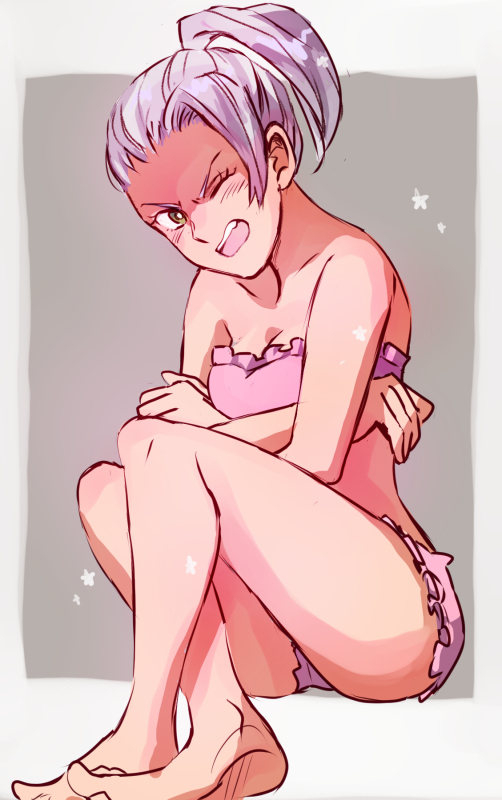 10s, 1girl, cowering, female_focus, green_eyes, jericho_(nanatsu_no_taizai), nanatsu_no_taizai, noshima, open_mouth, ponytail, silver_hair, solo, underwear, underwear_only, wince