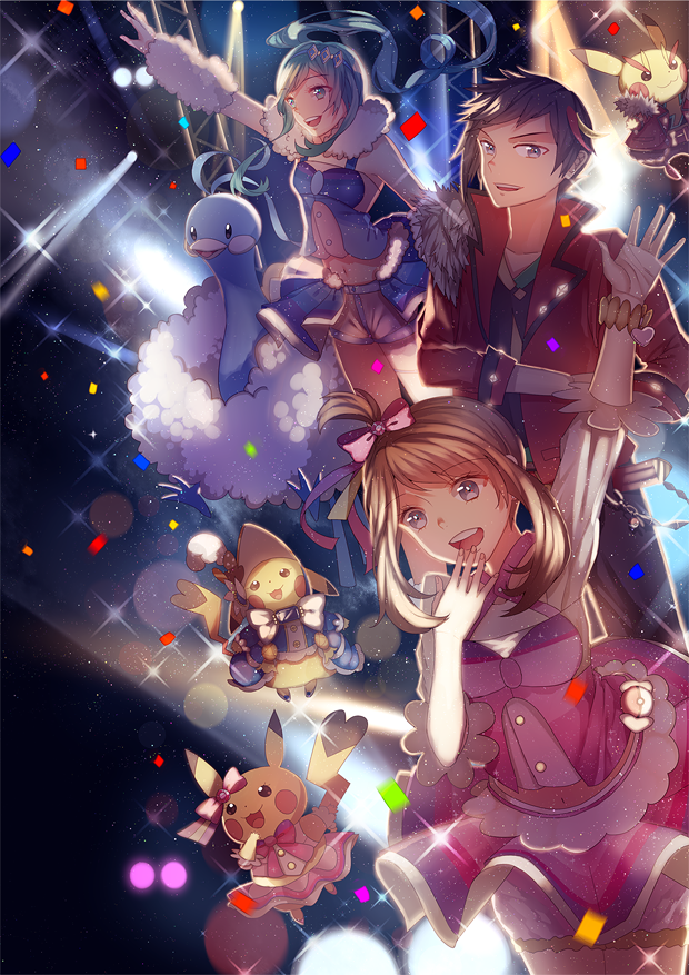 10s, 1boy, 2girls, altaria, alternate_costume, alternate_hairstyle, black_hair, blonde_hair