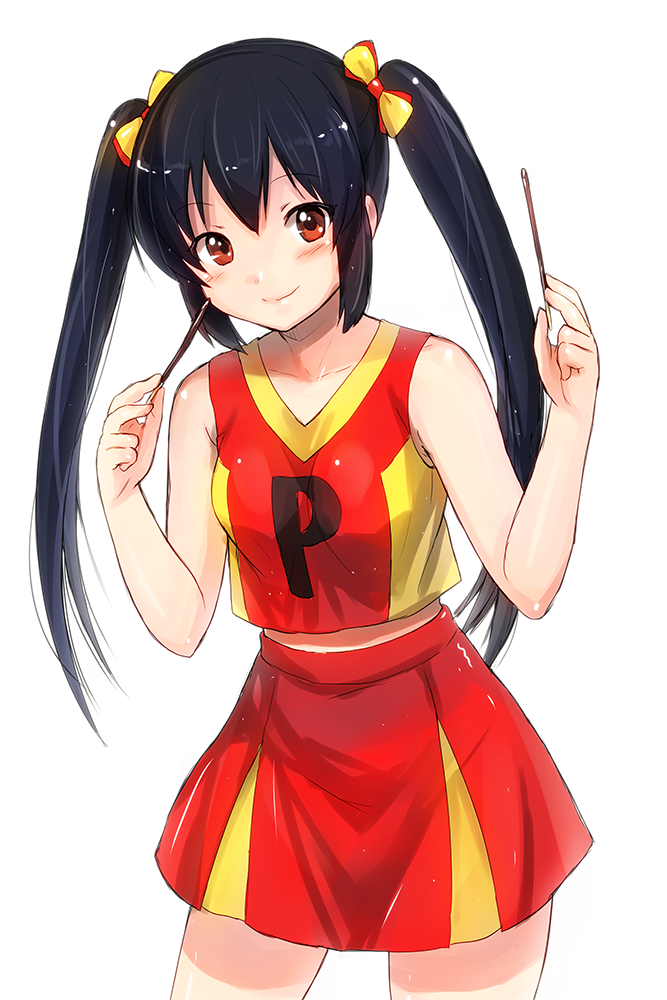 1girl, black_hair, bow, breasts, brown_eyes, cheerleader, collarbone, cowboy_shot