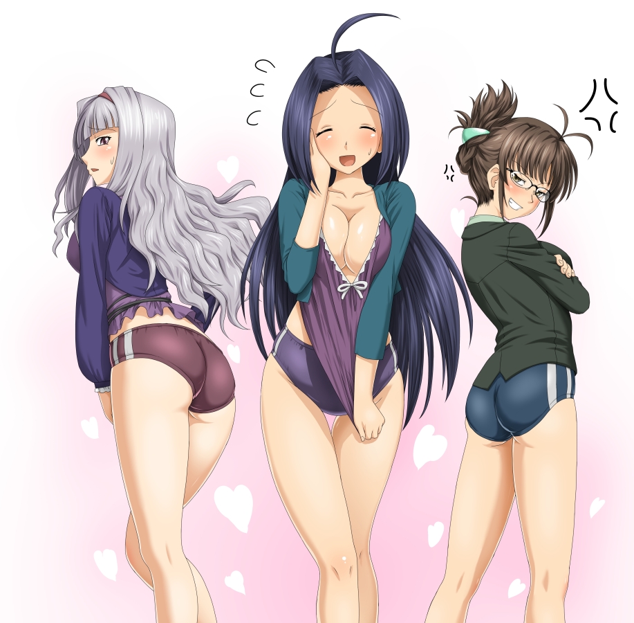 3girls, ahoge, akizuki_ritsuko, anger_vein, angry, ass, blue_hair, breasts, buruma, cleavage, cocoa_(cocoa0191), closed_eyes, flying_sweatdrops, glasses, grin, hand_on_own_cheek, hand_on_own_face, idolmaster, idolmaster_(classic), large_breasts, miura_azusa, multiple_girls, no_bra, open_mouth, shijou_takane, shirt_tug, smile, sweatdrop, thigh_gap