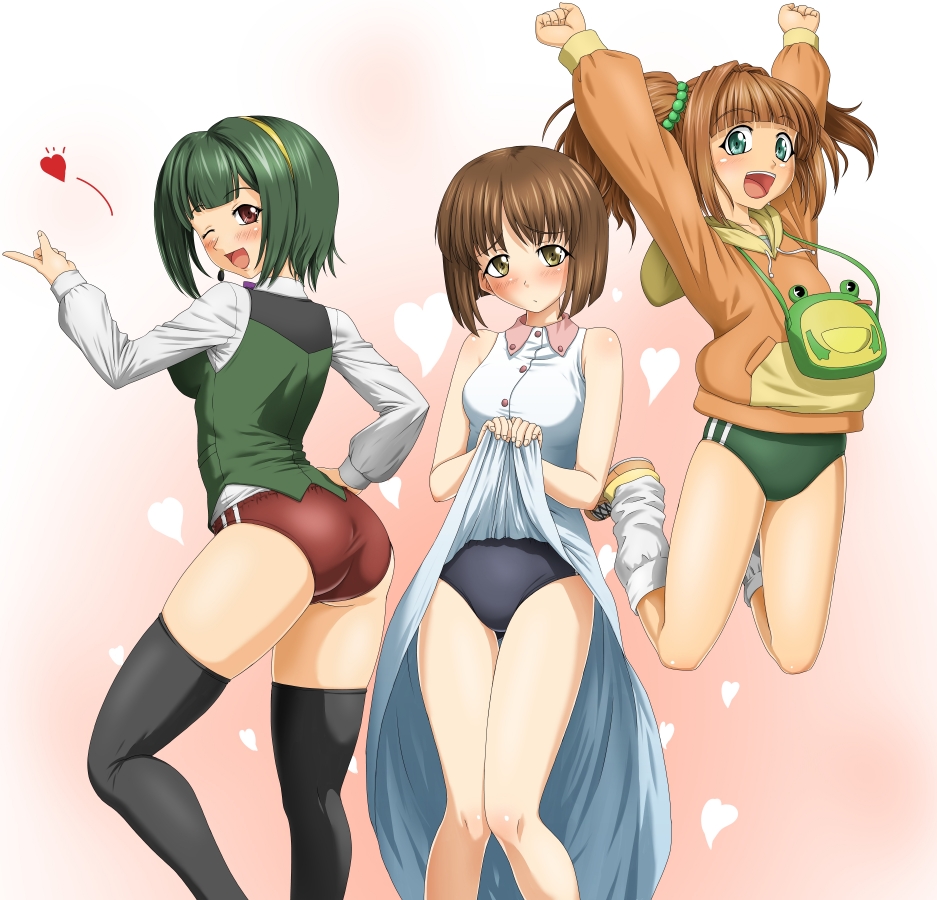 3girls, ass, bare_shoulders, blue_eyes, blush, bob_cut, brown_hair, buruma