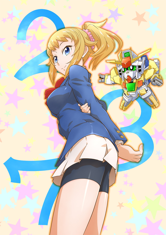 10s, 1girl, bike_shorts, blazer, blue_eyes, brown_hair, female_focus, gundam, gundam_build_fighters, gundam_build_fighters_try, gunpla, hoshino_fumina, hoshino_kouichirou, jacket, model_kit, ponytail, school_uniform, scrunchie, solo, winning_gundam