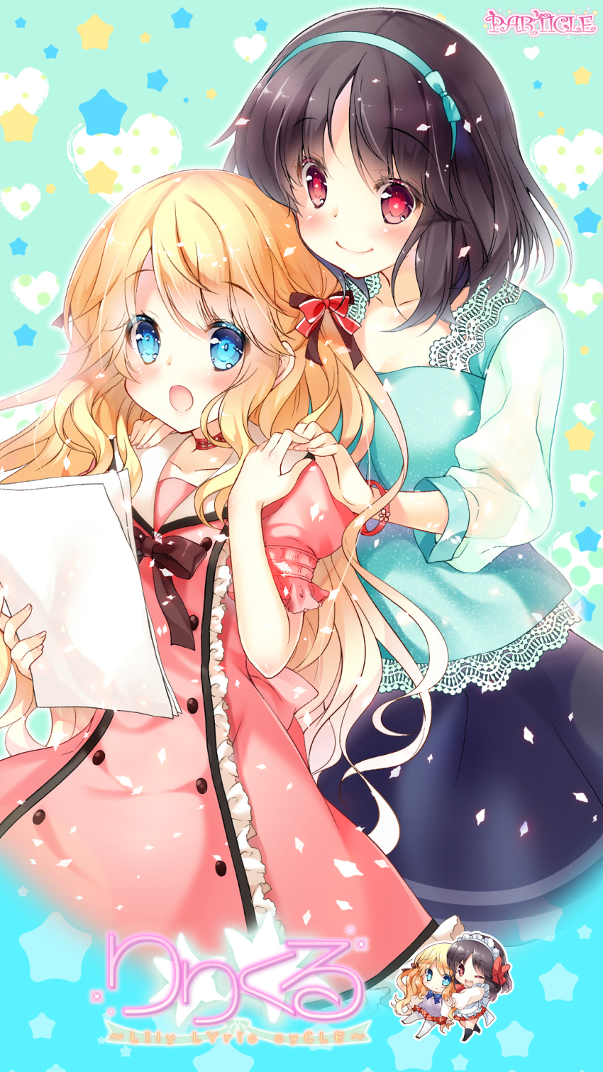 2girls, :o, black_skirt, blonde_hair, blue_dress, blush, bow, bowtie