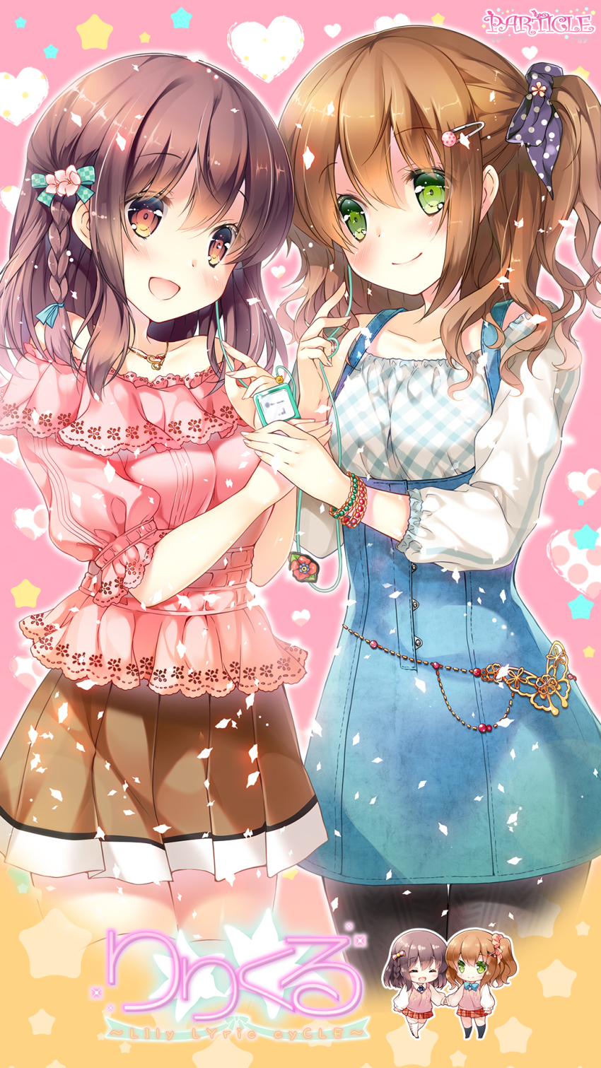 2girls, black_legwear, blouse, bow, braid, checkered_bow, checkered_clothes, chibi