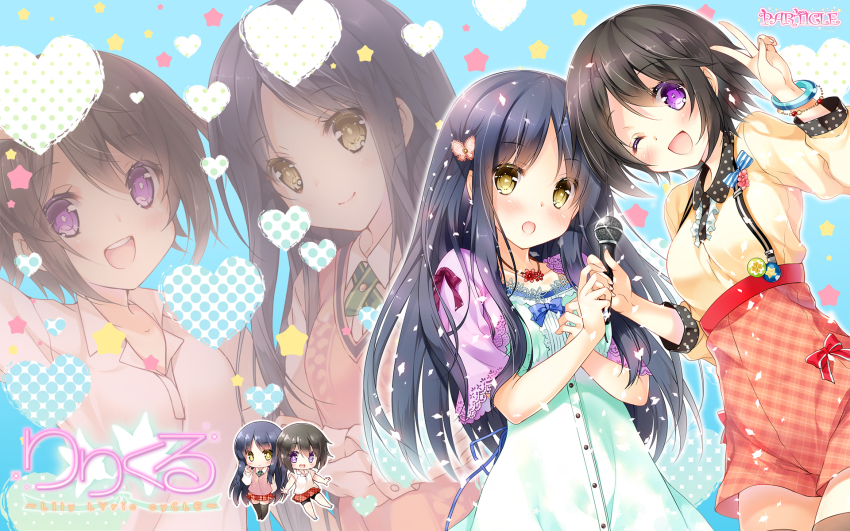 2girls, black_hair, black_legwear, female_focus, highres, holding, holding_microphone, lily_lyric_cycle