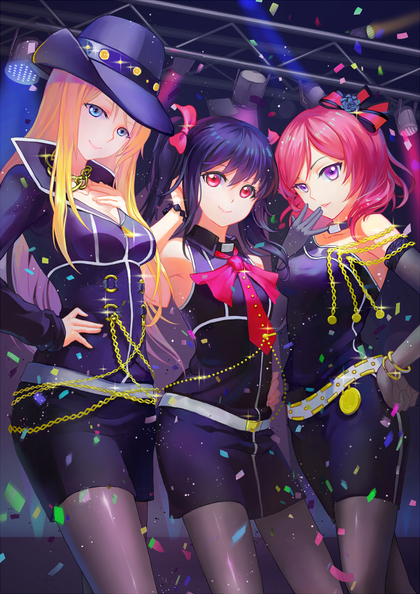 10s, 3girls, alternate_costume, alternate_hairstyle, ayase_eli, bibi_(love_live!), black_gloves, black_hair, black_legwear, blonde_hair, blue_eyes, blush, bow, breasts, cleavage, coat, cowboy_hat, criin_(659503), diamond_princess_no_yuuutsu, gloves, hair_bow, hair_down, hand_on_own_hip, hand_on_own_chest, hand_to_own_mouth, hat, hat_over_one_eye, jewelry, long_hair, looking_at_viewer, love_live!, love_live!_school_idol_project, medium_breasts, multiple_girls, nishikino_maki, purple_eyes, red_eyes, red_hair, short_hair, short_twintails, smile, standing, twintails, yazawa_nico