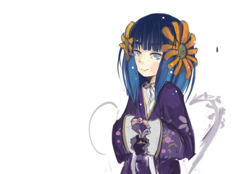 1girl, blue_eyes, blue_hair, chiyo_(fragile), female_focus, flat_chest, flower, fragile